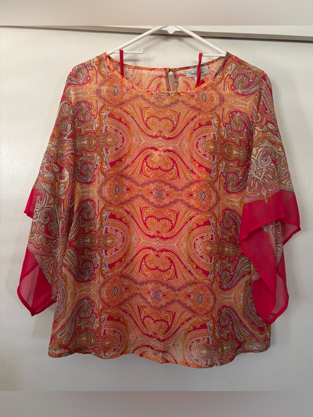dressbarn Orange Paisley Sheer Flutter Kimono Blouse Women’s Medium